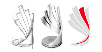 Darstellung der Pokalskizze, des 3D Modells und des fertigen Logos.